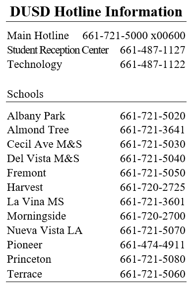 District and Schools HotLine Phone Numbers - Main Hotline	661-721-5000 x00600 Stu Reception Center